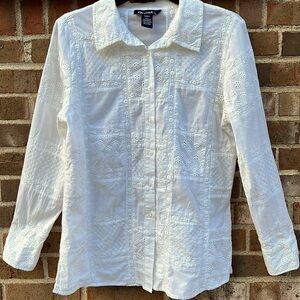 Denim & Co vintage Eyelet Lace Western Patchwork White 100% Cotton Sustainable S